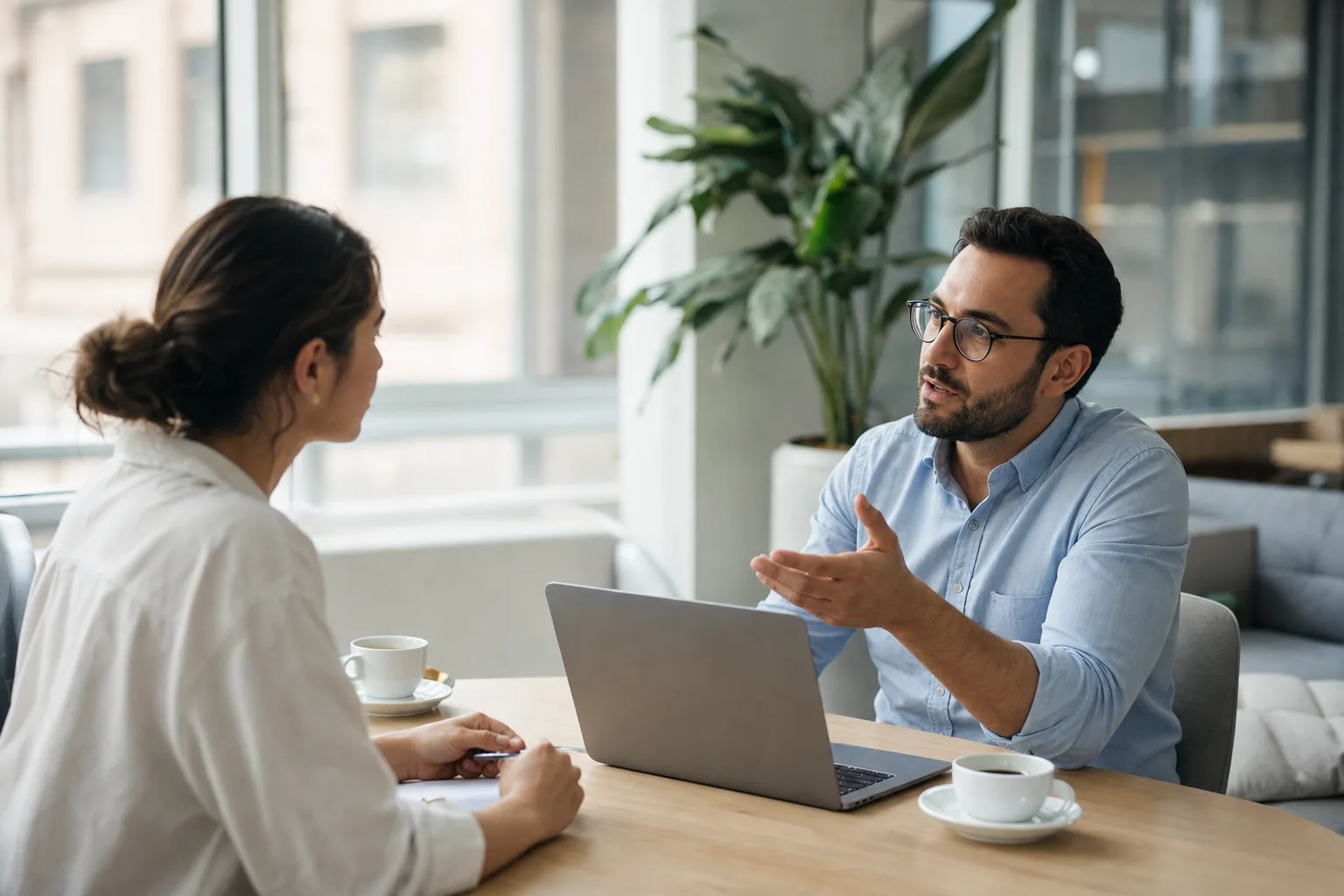 Due persone a un tavolo con un portatile aperto, durante una breve consulenza