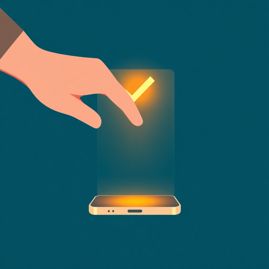 Illustrazione: una mano approva un'azione con un check dorato su uno smartphone, a rappresentare il gate di approvazione umana di AI-GENT